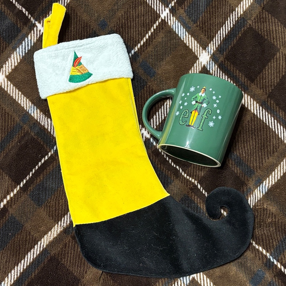 Yellow and Black Elf Stocking with Double Sided Mug